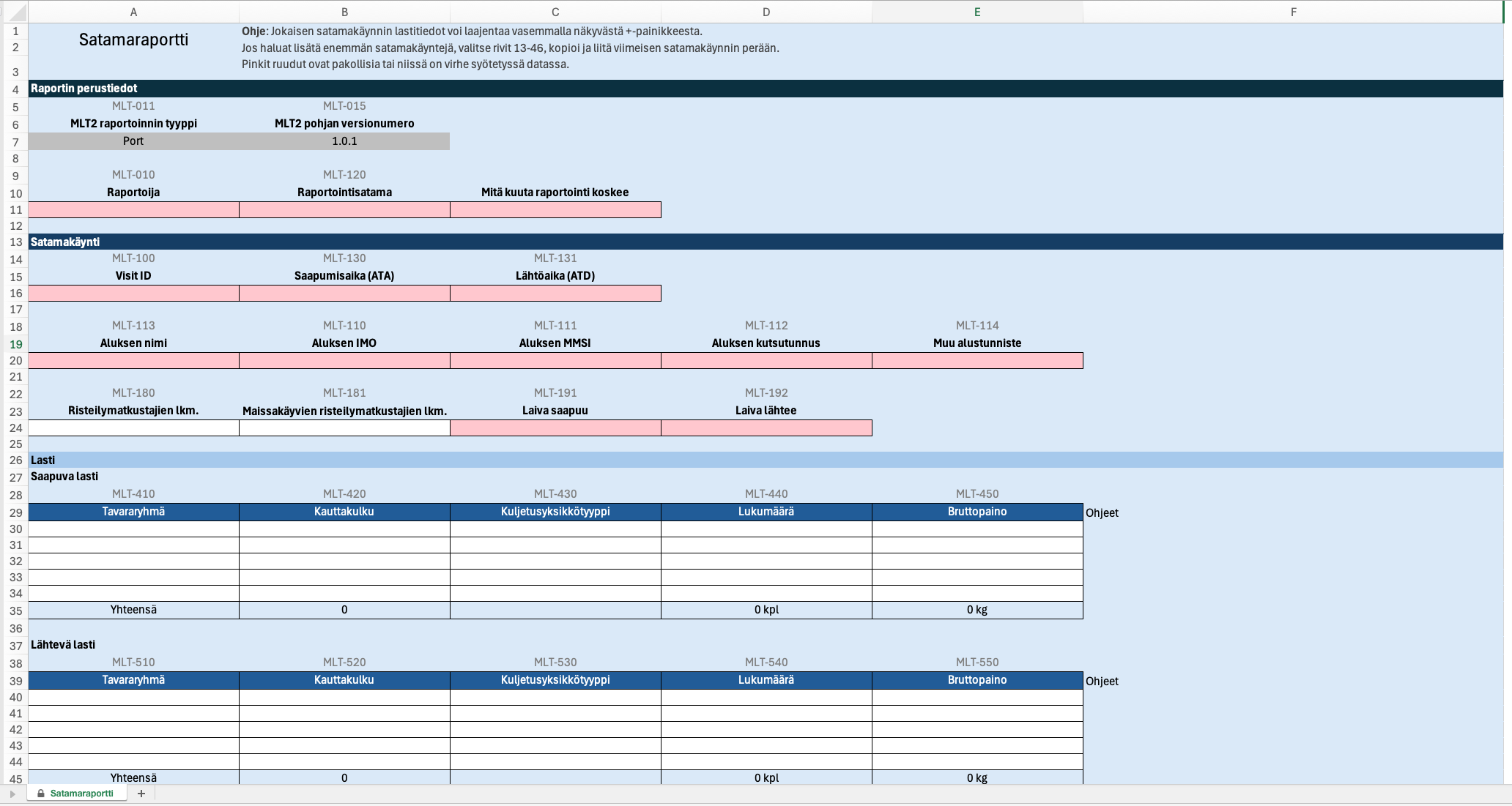 Preview of the empty Excel template used for port statistics reporting